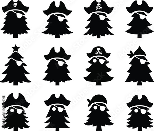 Pirate Christmas Tree Silhouettes Set, Festive Skull Hat Icons