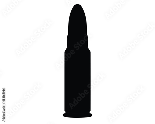 A black silhouette of a rifle cartridge standing on white background