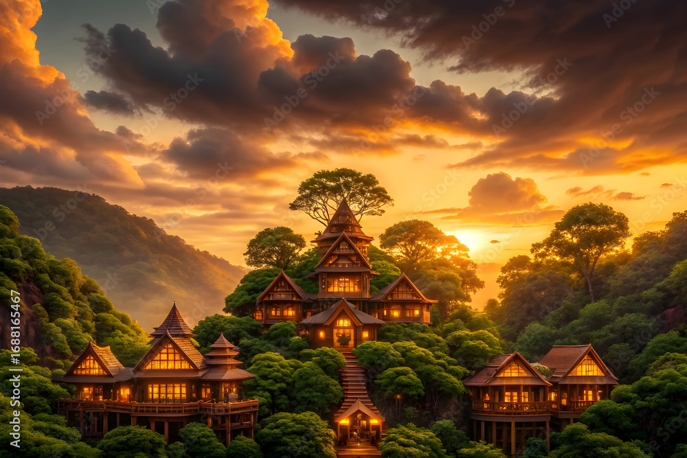 Obraz premium Detailed sunset landscape with lush green forest and mystical Japanese temple village, vibrant colors, intricate architecture, serene cinematic JPG file
