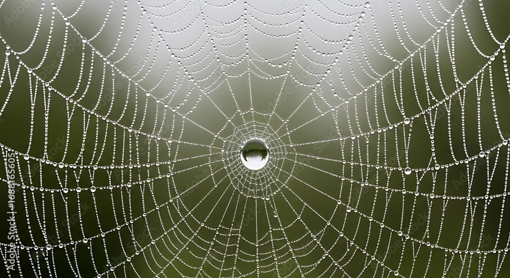 Obraz premium Captivating spiderweb detail glistening with dew drops in morning light