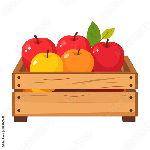 Wooden Crate Filled with Red Yellow and Orange Apples Still Life Illustration on White Background