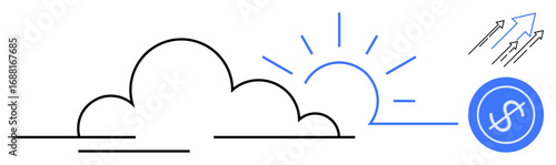 Cloud with rising sun, upward arrows, and a dollar sign. Ideal for growth, success, opportunity, finance, economy investment innovation. Represents a simple flat metaphor