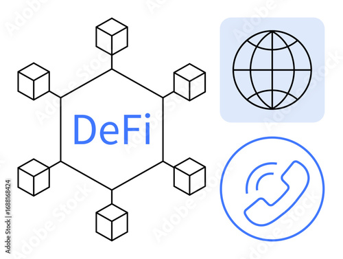 Hexagonal blockchain structure labeled DeFi surrounded by cube nodes, a globe for global network, and phone icon. Ideal for cryptocurrency, finance, communication, technology, innovation