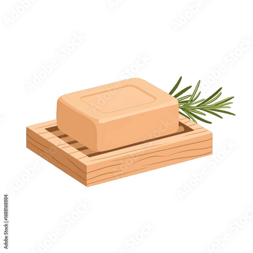 Rustic Soap on Wooden Dish with Rosemary Sprig on White Background