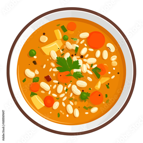 Overhead Shot of Hearty Vegetable Soup with Carrots Beans and Parsley in White Bowl on White Background