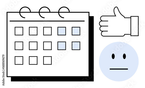 Open calendar with selected dates, thumbs-up, and neutral emoticon. Ideal for scheduling, planning, feedback, productivity, decision-making, time management simple landing page