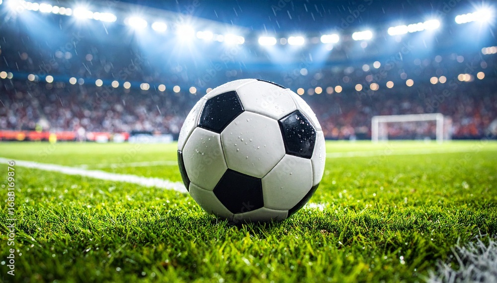 Fototapeta premium Close-up of a soccer ball on wet green grass under bright stadium lights, capturing the excitement and energy of a football match night.
