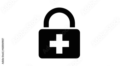Black padlock icon with a white medical plus sign symbolizing healthcare security.
