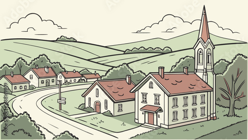 Cartoon village landscape illustration with church, houses, trees and rolling hills scenic countryside view
