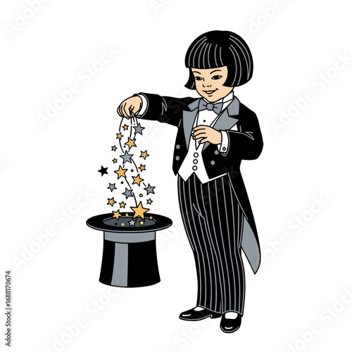 Young Girl in Black Tuxedo Performing Magic Stars Emerging from Top Hat on White Background