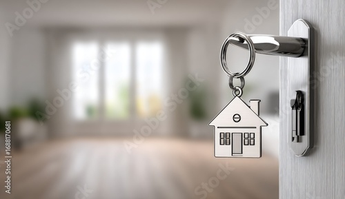 Key with house charm in a door, interior view