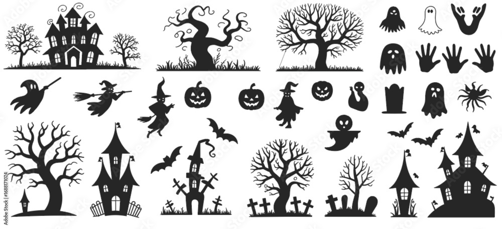 Fototapeta premium Halloween haunted house, ghost, pumpkin, bat, witch, grave, tree, vector silhouette set, spooky night elements, flat illustration design.
