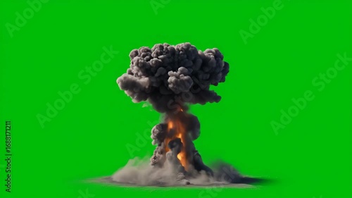 Nuclear bomb is exploding violently smoke exploded into a mushroom cloud with a green screen background 