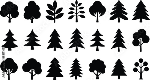 Silhouette tree icons, variety of tree shapes, evergreen and deciduous, nature elements, black vector design, forest symbols, flat design illustration.