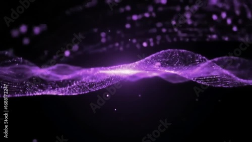 Abstract purple particles form flowing, dynamic waves against a black background.