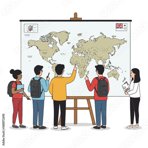 Diverse students enthusiastically gather around a large world map on an easel, pointing to countries in a simplified flat 2D vector illustration, symbolizing global education and learning.