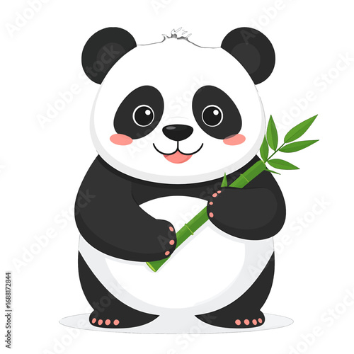 Cartoon Panda Holding Bamboo Stalk on White Background Detailed Vector Illustration of Panda with Black and White Fur and Green Leaves