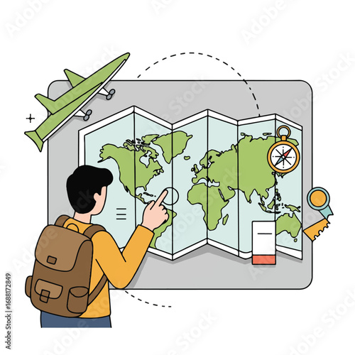 Flat 2D vector illustration of a person with a backpack and a compass pointing at a detailed country map spread on a table, symbolizing travel planning and adventure.