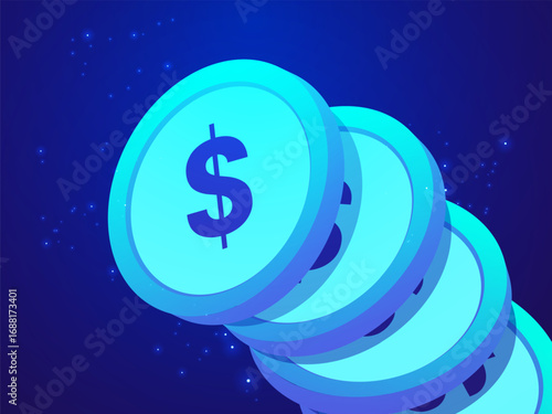 Financial Technology with Futuristic arrangement of Digital coins and light blue effect on dark blue background vector design concept. Abstract Coins for finances, website, banking, Currency exchange.