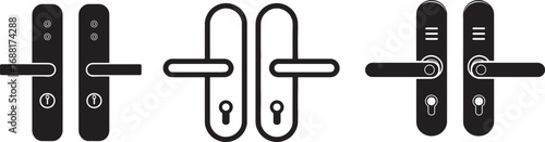 Set of Three Door Handle and Lock Icons. Silhouette and Line art