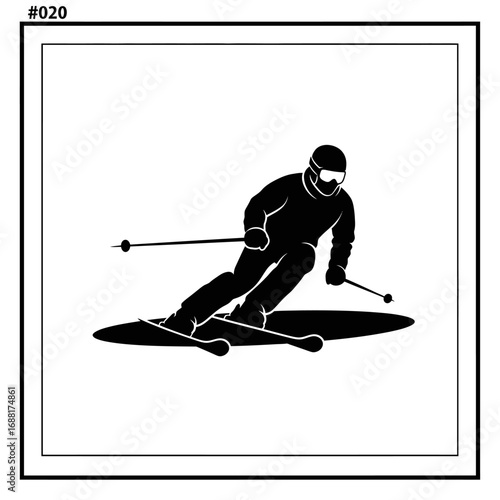 Dynamic skier carving down a snowy slope, capturing the thrill and speed of winter sports in a bold silhouette design.