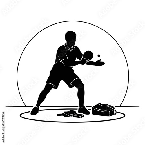 Dynamic athlete powerfully serves ping pong ball with focused intensity, ready for competitive match play