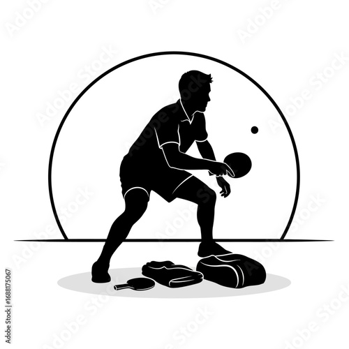 Dynamic table tennis player in action silhouette, ready to serve a winning shot in a stylized graphic, perfect for sports branding