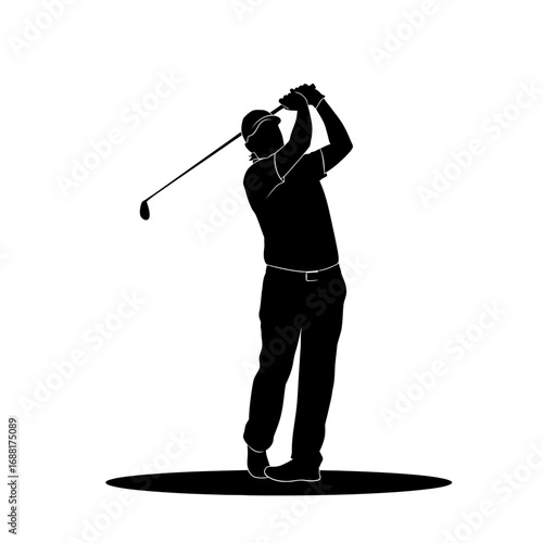 Dynamic silhouette captures golfer mid-swing, showcasing athletic grace and focused power on the green, perfect for sports marketing and lifestyle branding.