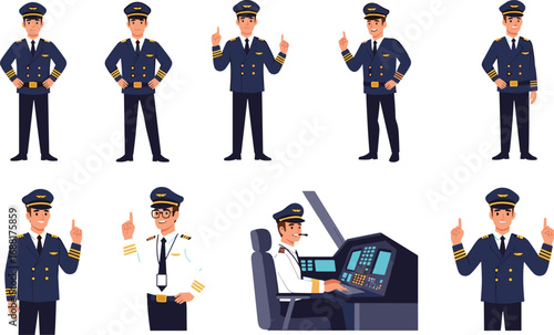 Cartoon airline pilot character set in uniform and cockpit, various poses and gestures, aviation profession vector illustration in color
