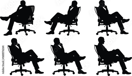 Set of 6 seated silhouette poses in office chair, thoughtful posture with crossed legs and hand on chin, vector illustration