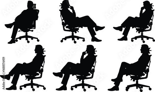 Set of 6 seated silhouette poses in office chair, thoughtful posture with hand on chin, black and white vector illustration