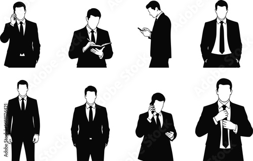 Set of 8 business men silhouettes in suits using phones, reading, standing, and adjusting tie, black and white vector illustration