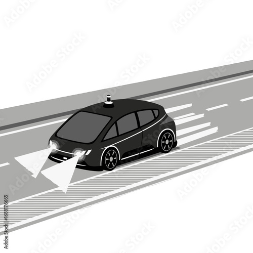 Monochromatic Autonomous Car on Road with Pedestrian Crossing and White Beams of Light in Digital Pixel Art Style