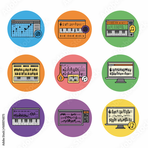 Digital Music Production Software and Studio Interfaces Icons Set: A Comprehensive Collection of Audio Workstation and Synthesizer Graphics.
