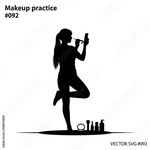 Elegant silhouette of a woman applying makeup with brushes and products, capturing beauty and self-care moments.