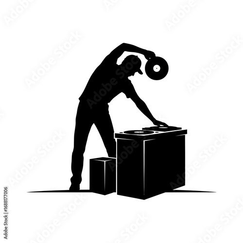 Dynamic DJ silhouette skillfully mixing beats on turntables, creating energetic party vibes with vinyl records in a modern club setting.