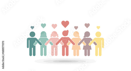 Diverse Group of People Holding Hands with Hearts Above Them Symbolizing Unity and Love for Community Outreach and Social Awareness Campaigns