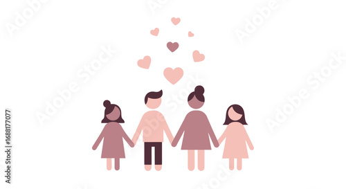 Harmonious family illustration with gentle colors and floating hearts, depicting unity and affection, suitable for expressing familial love, support, and care in various social contexts.
