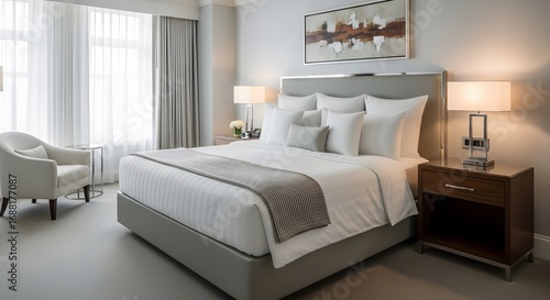 Luxurious hotel bedroom with kingsize bed and armchair