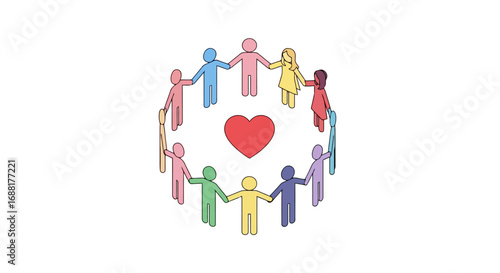 Diverse community united by love, forming a circle of support and solidarity, suitable for promoting social harmony, unity, and charitable causes.