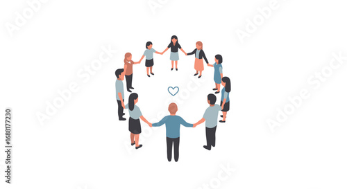 Diverse group of people standing in a circle holding hands, symbolizing unity, teamwork, and community. Ideal for illustrating concepts of collaboration, support, and togetherness.