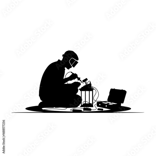 Dedicated technician meticulously soldering electronics with protective gear and tools for precision repair and innovation