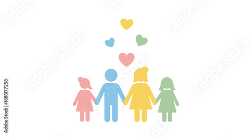 Colorful Family Illustration with Hearts Above, Symbolizing Love, Unity, and Togetherness. Ideal for family-oriented content, social media, and community outreach programs.