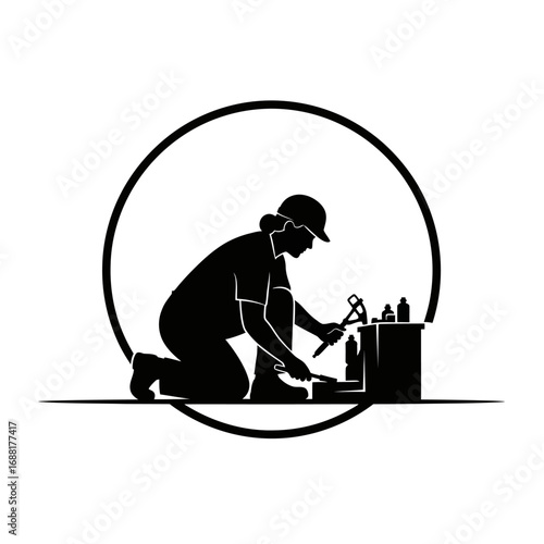 Skilled craftswoman meticulously working with tools and materials, symbolizing dedication and precision in a clean, modern design
