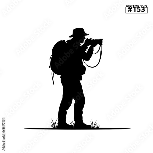 Adventurous photographer capturing stunning outdoor scenery, fully equipped with backpack and professional camera, ready for exploration and discovery