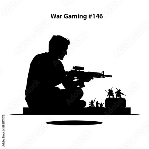 Focused gamer silhouetted aiming rifle with miniature soldiers, immersed in strategic war gaming adventure