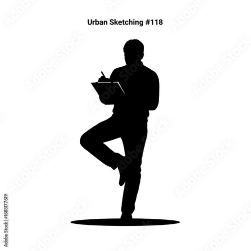 Dynamic artist sketching creatively while balancing on one leg, capturing inspiration in a modern, minimalist silhouette style