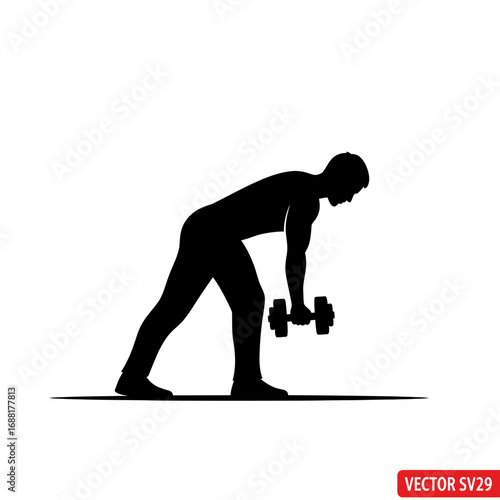 Dynamic silhouette of a man performing a dumbbell row exercise, showcasing strength and dedication in a focused workout moment.