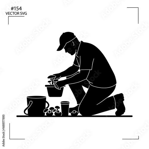 Dedicated man collecting fresh mushrooms in a forest setting, a symbol of nature's bounty and sustainable foraging practices