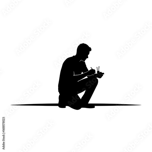 Focused artist intently sketching creative ideas in a minimalist silhouette, capturing inspiration with dynamic lines and a thoughtful pose.